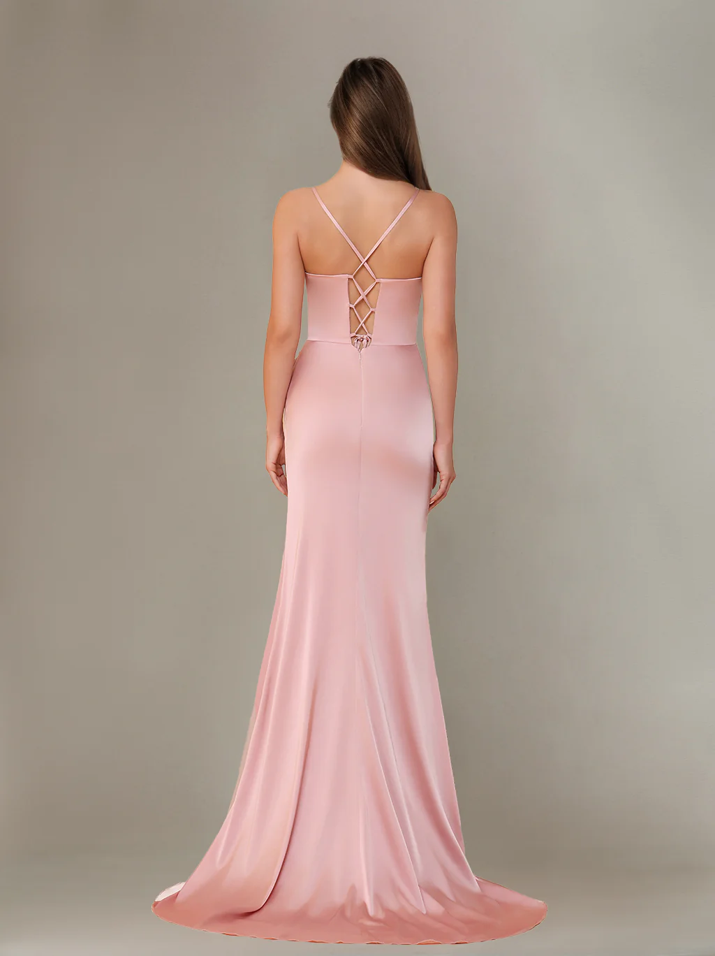 Sheath/Column Spaghetti Straps Sleeveless Floor-Length Silk Satin Bridesmaid Dresses with Ruffles & Split Side - Image 3