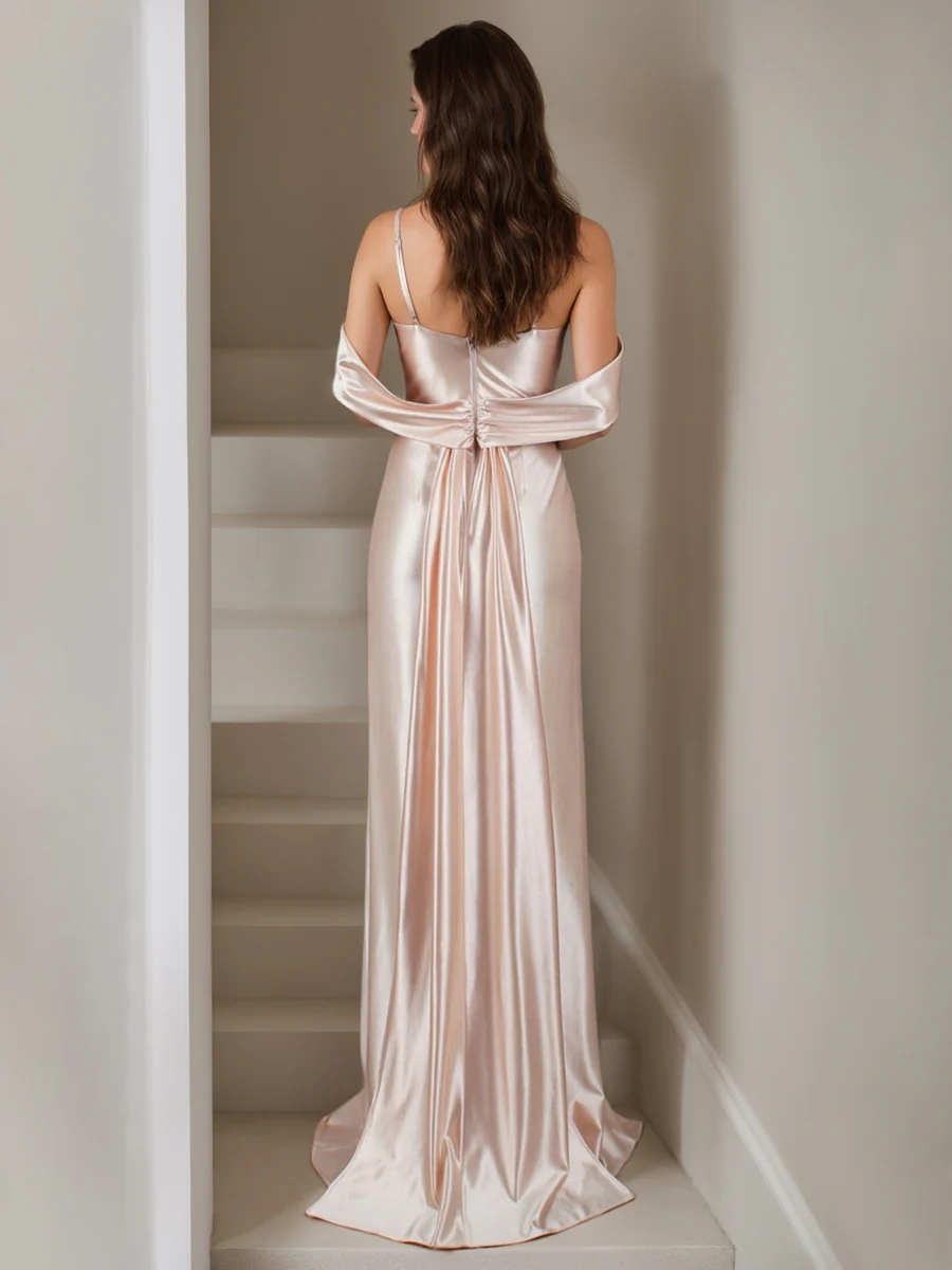 Sheath/Column Spaghetti Straps Sleeveless Sexy Bridesmaid Dresses with Split Side & Watteau Train - Image 2