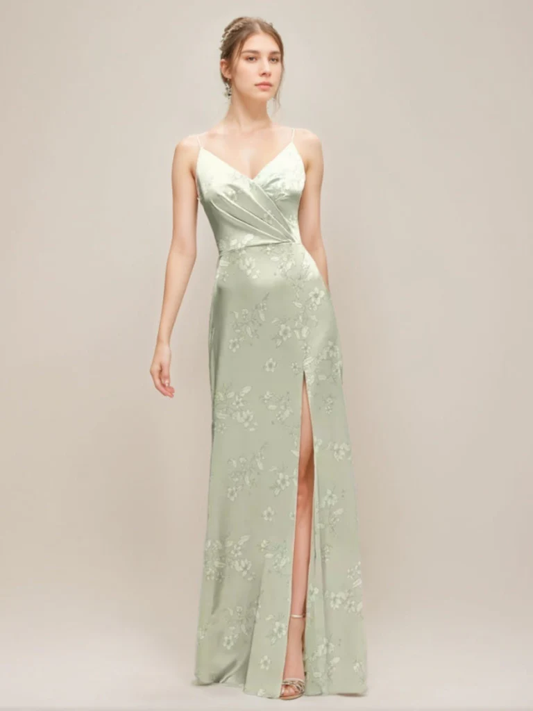Sheath/Column Spaghetti Straps V-neck Ruched Printed Floral Wedding Guest Dresses with High Slit