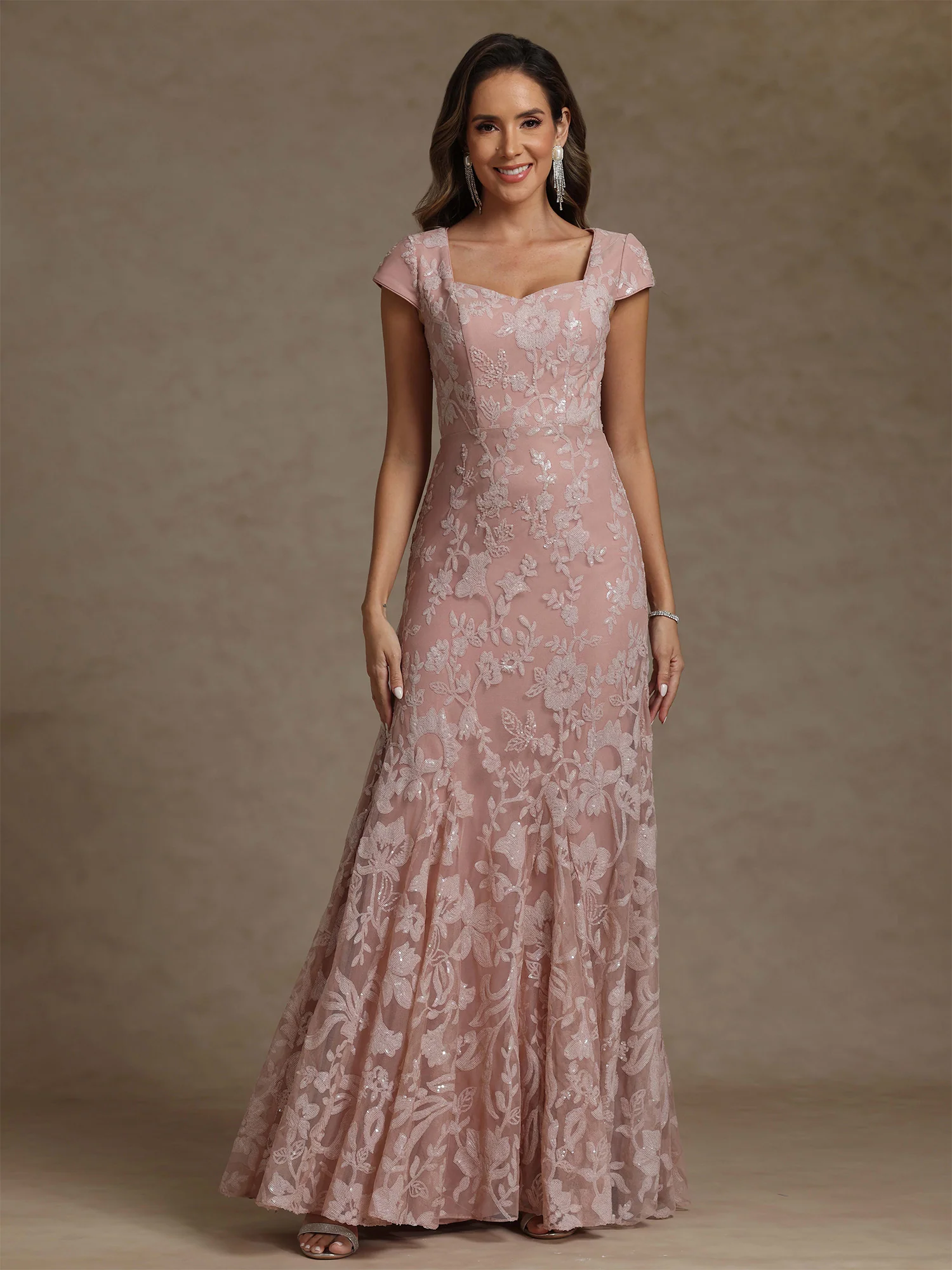 Sheath/Column Square Collar Chiffon Mother of the Bride Dresses Floor-Length Lace Sequins Short Sleeves - Image 3