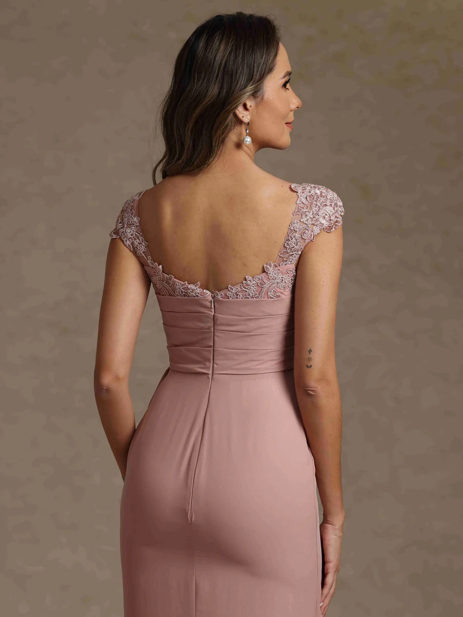 Sheath/Column Square Collar Chiffon Mother of the Bride Dresses Floor-Length Ruffles Ruched Sleeveless Lace - Image 4