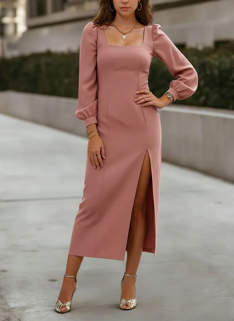 Sheath/Column Square Collar Cocktail Dresses Elastic Chiffon Tea-Length Long Sleeves Formal Dress - Image 5