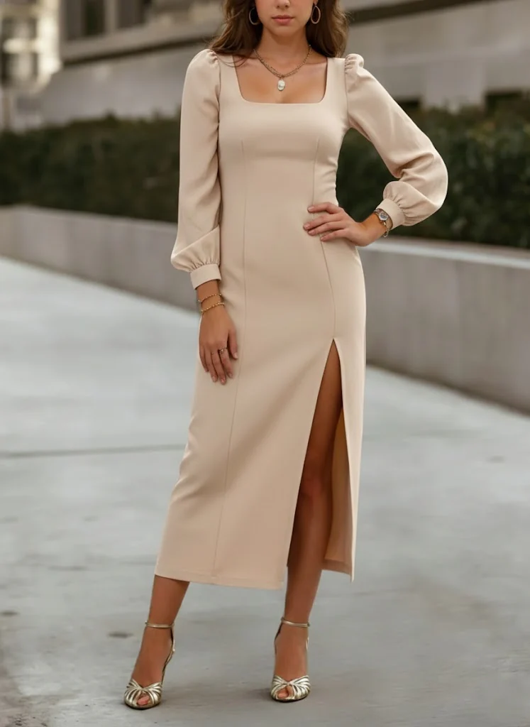 Sheath/Column Square Collar Cocktail Dresses Elastic Chiffon Tea-Length Long Sleeves Formal Dress - Image 6