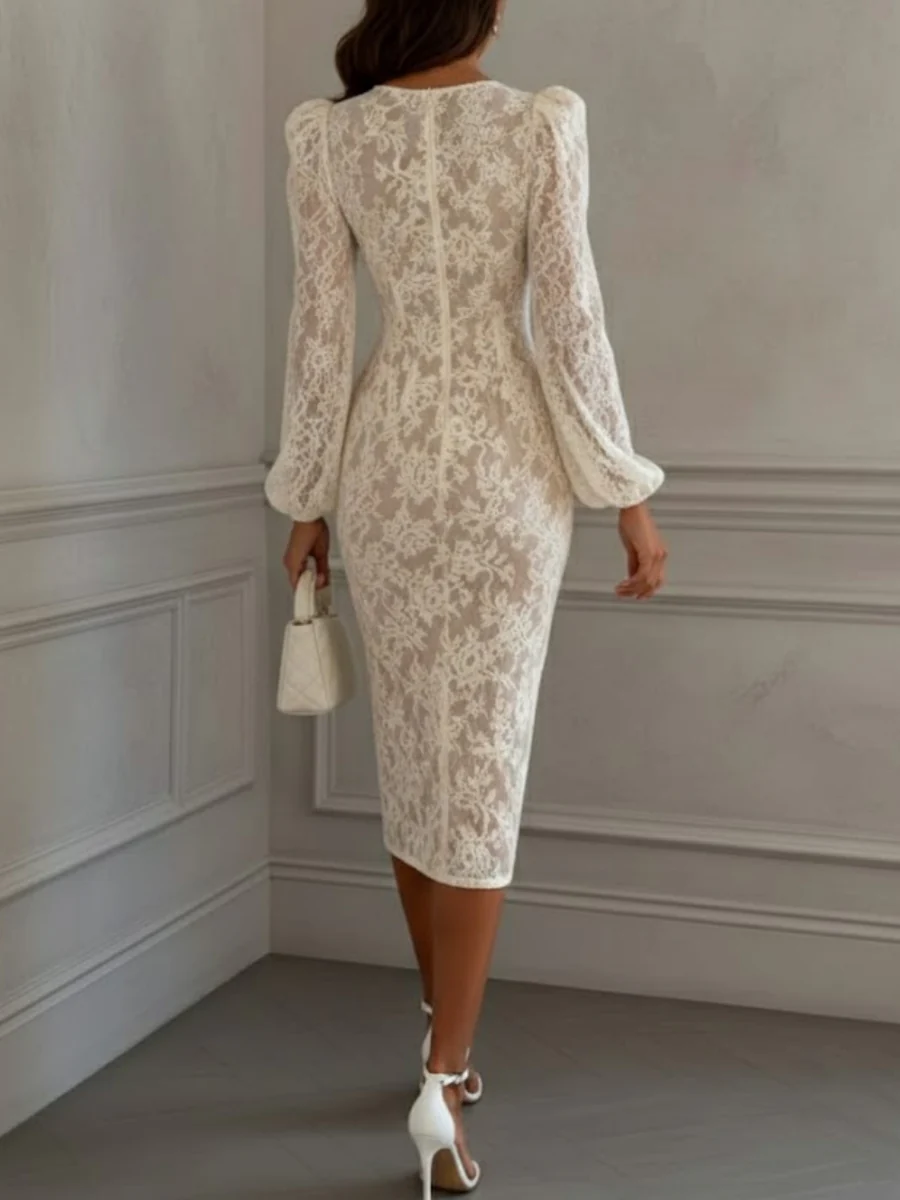 Sheath/Column Square Collar Lace Cocktail Dresses Tea-Length Long Sleeves Formal Dresses - Image 2
