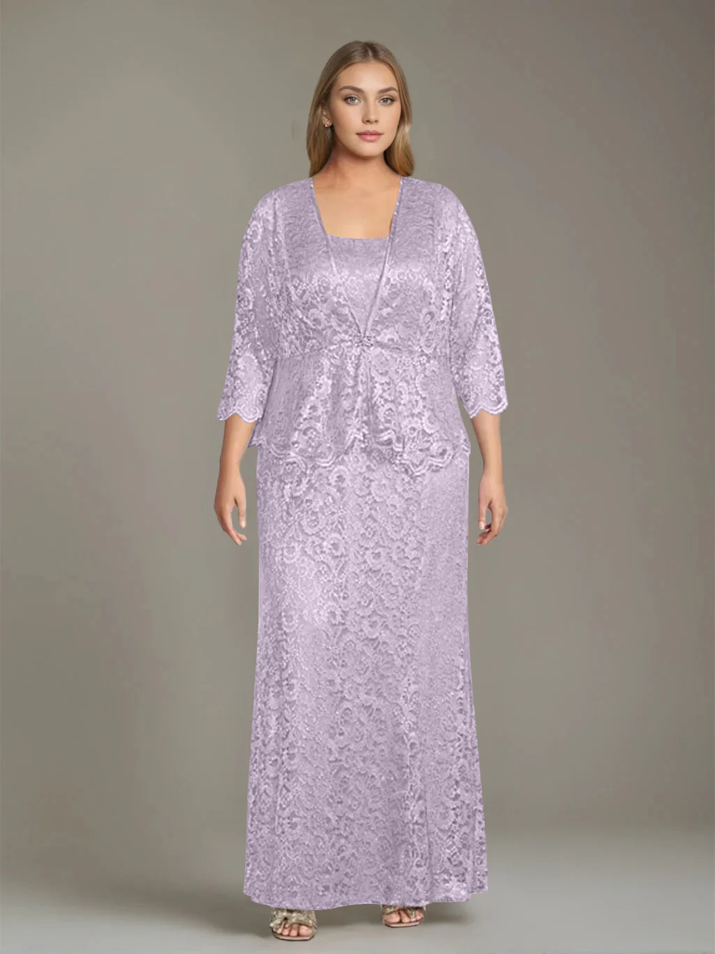 Sheath/Column Square Neck 3/4 Length Sleeves Floor-Length 2 Pieces Plus Size Mother of the Bride Dresses with Jacket - Image 14