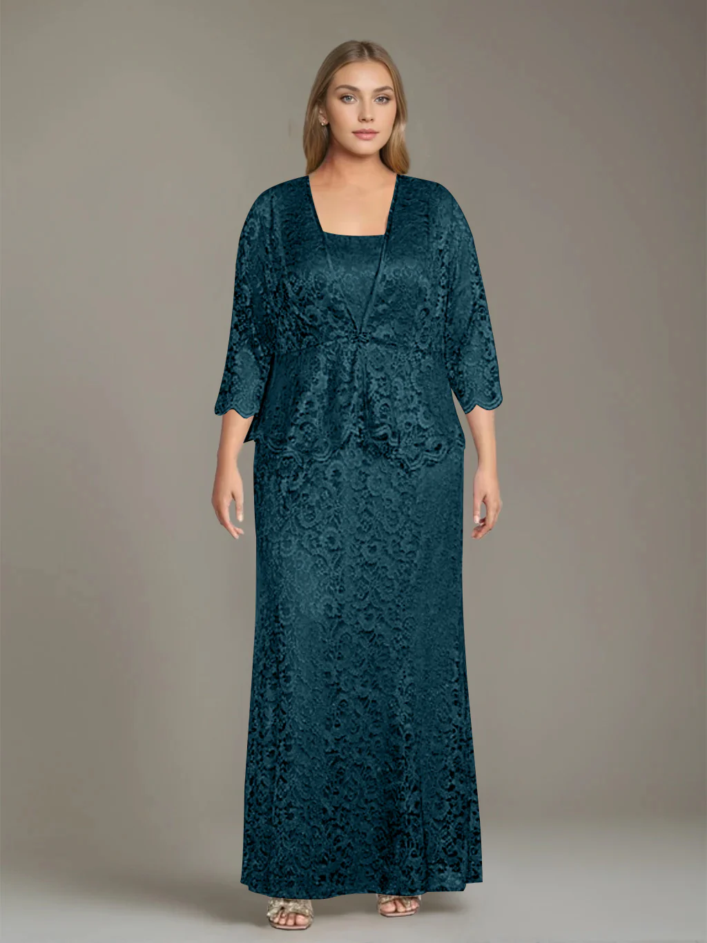 Sheath/Column Square Neck 3/4 Length Sleeves Floor-Length 2 Pieces Plus Size Mother of the Bride Dresses with Jacket - Image 42