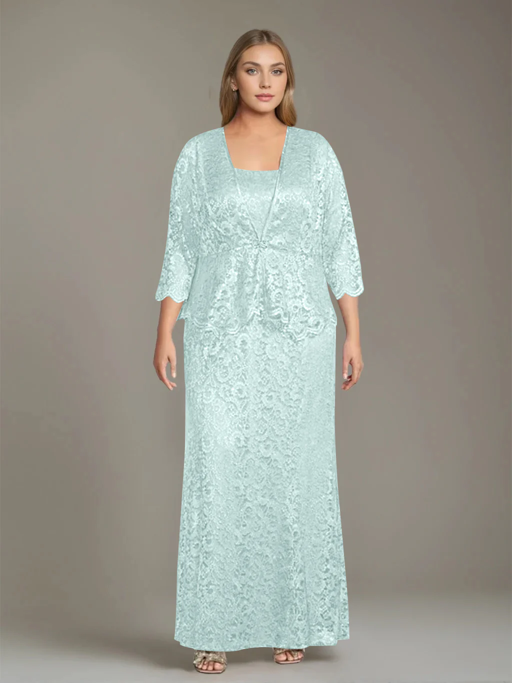 Sheath/Column Square Neck 3/4 Length Sleeves Floor-Length 2 Pieces Plus Size Mother of the Bride Dresses with Jacket - Image 54