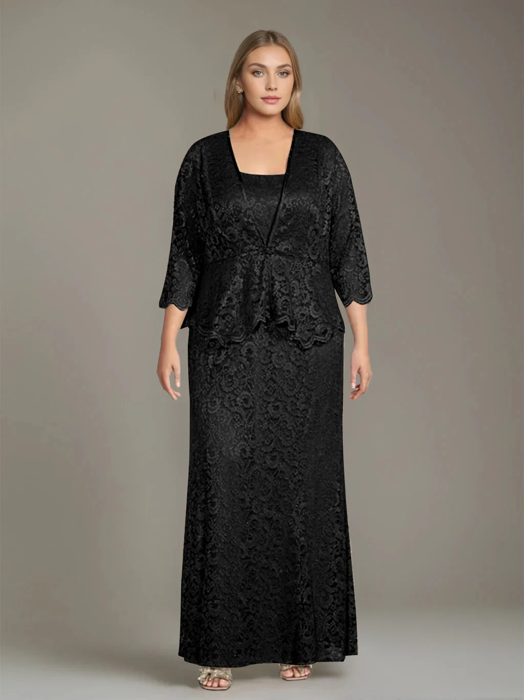 Sheath/Column Square Neck 3/4 Length Sleeves Floor-Length 2 Pieces Plus Size Mother of the Bride Dresses with Jacket - Image 6