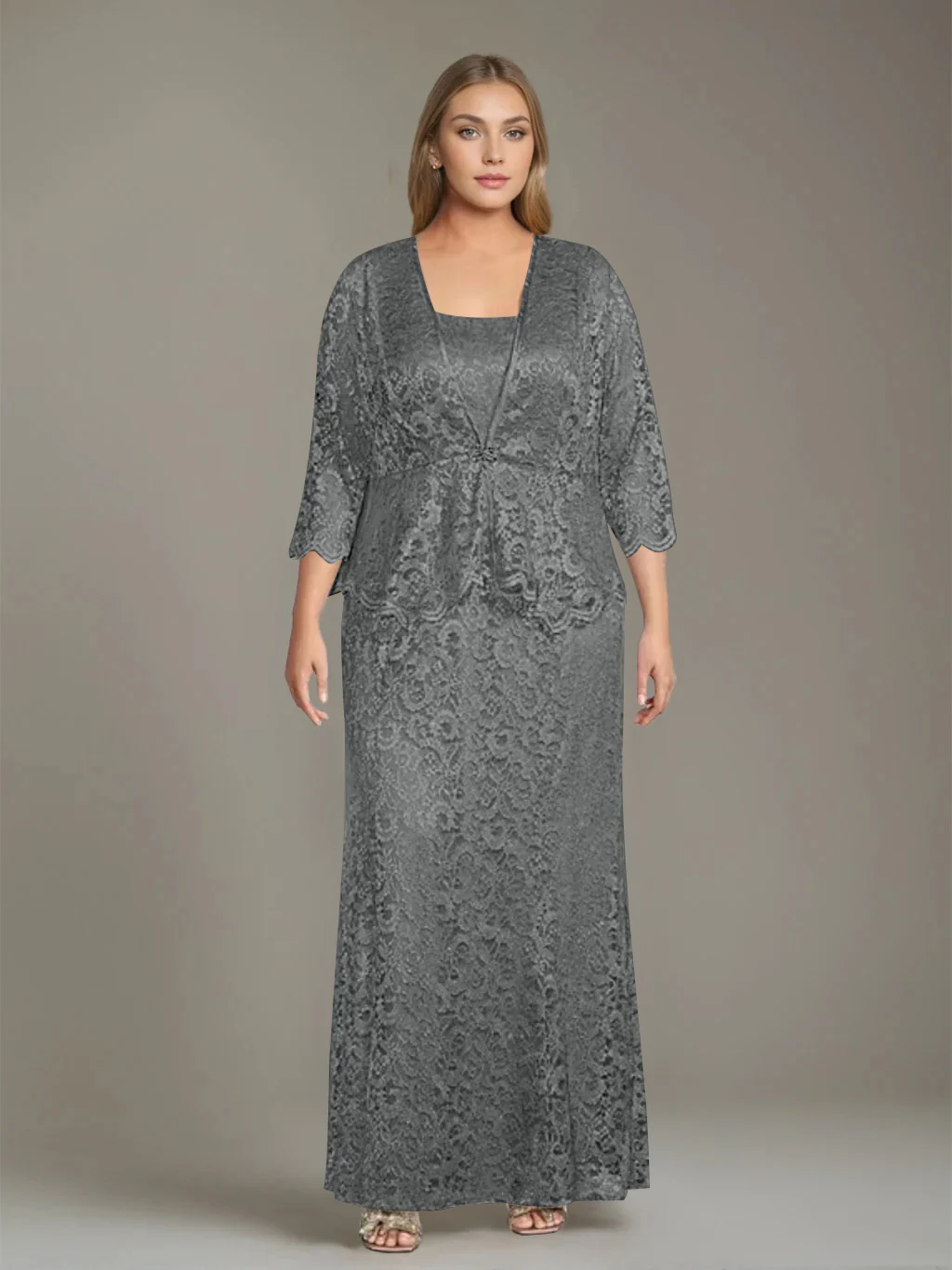 Sheath/Column Square Neck 3/4 Length Sleeves Floor-Length 2 Pieces Plus Size Mother of the Bride Dresses with Jacket - Image 8