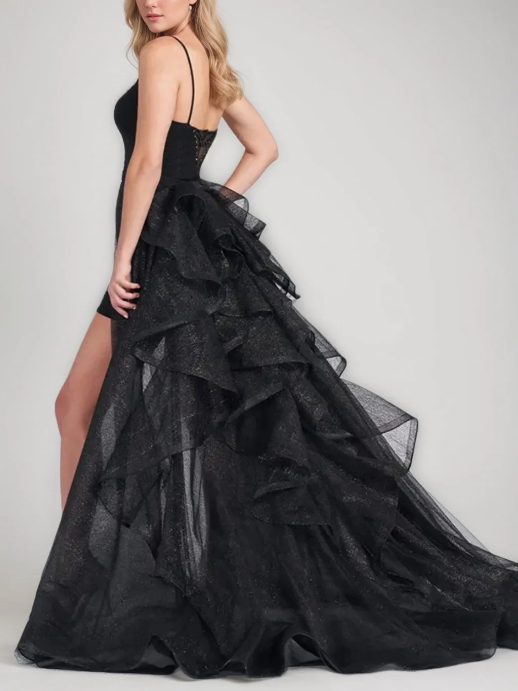 Sheath/Column Square Neck Sleeveless Short/Mini Homecoming Dresses with Detachable Tiered Tulle Watteau Train - Image 2