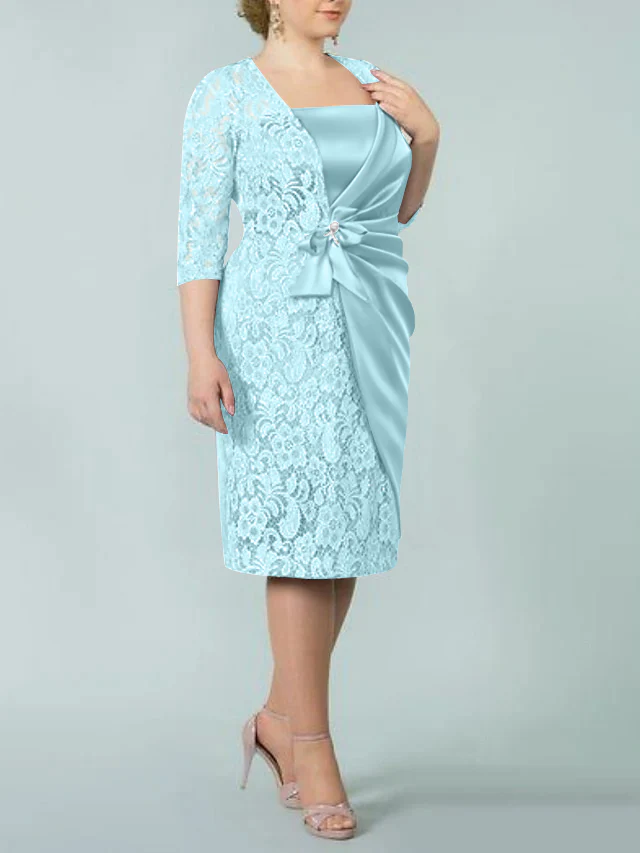 Sheath/Column Square Neck Tea-Length Mother of the Bride Dresses - Image 34