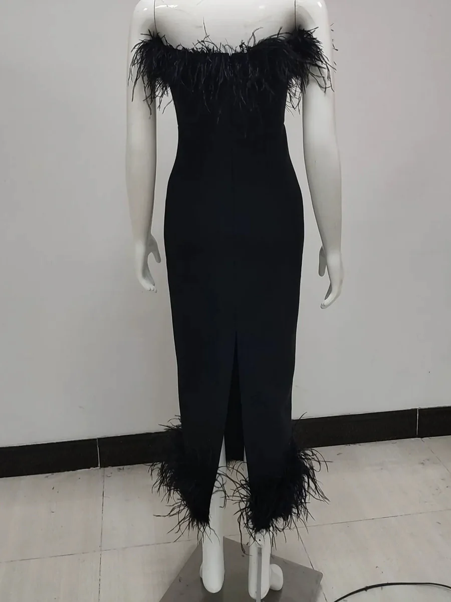 Sheath/Column Strapless Ankle-Length Evening Dresses with Feathers & Back Split - Image 3