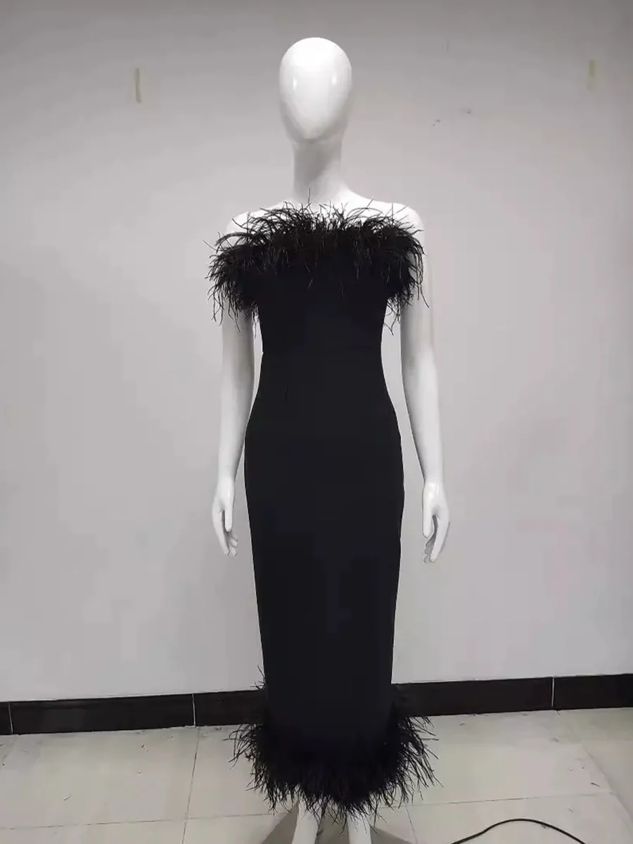 Sheath/Column Strapless Ankle-Length Evening Dresses with Feathers & Back Split - Image 4