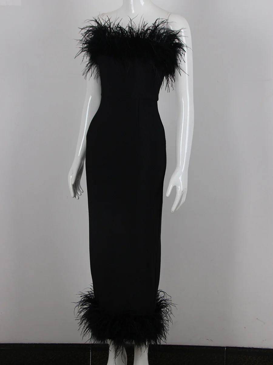 Sheath/Column Strapless Ankle-Length Evening Dresses with Feathers & Back Split - Image 6