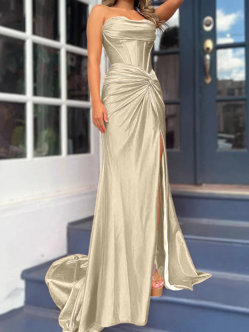 Sheath/Column Strapless Evening Dresses Sleeveless Floor-length With Split Side - Image 11