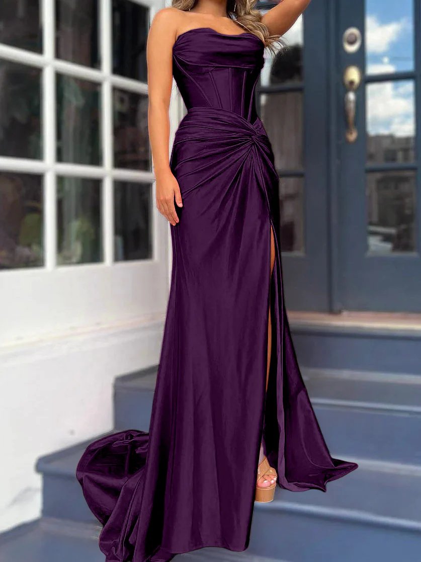 Sheath/Column Strapless Evening Dresses Sleeveless Floor-length With Split Side - Image 31