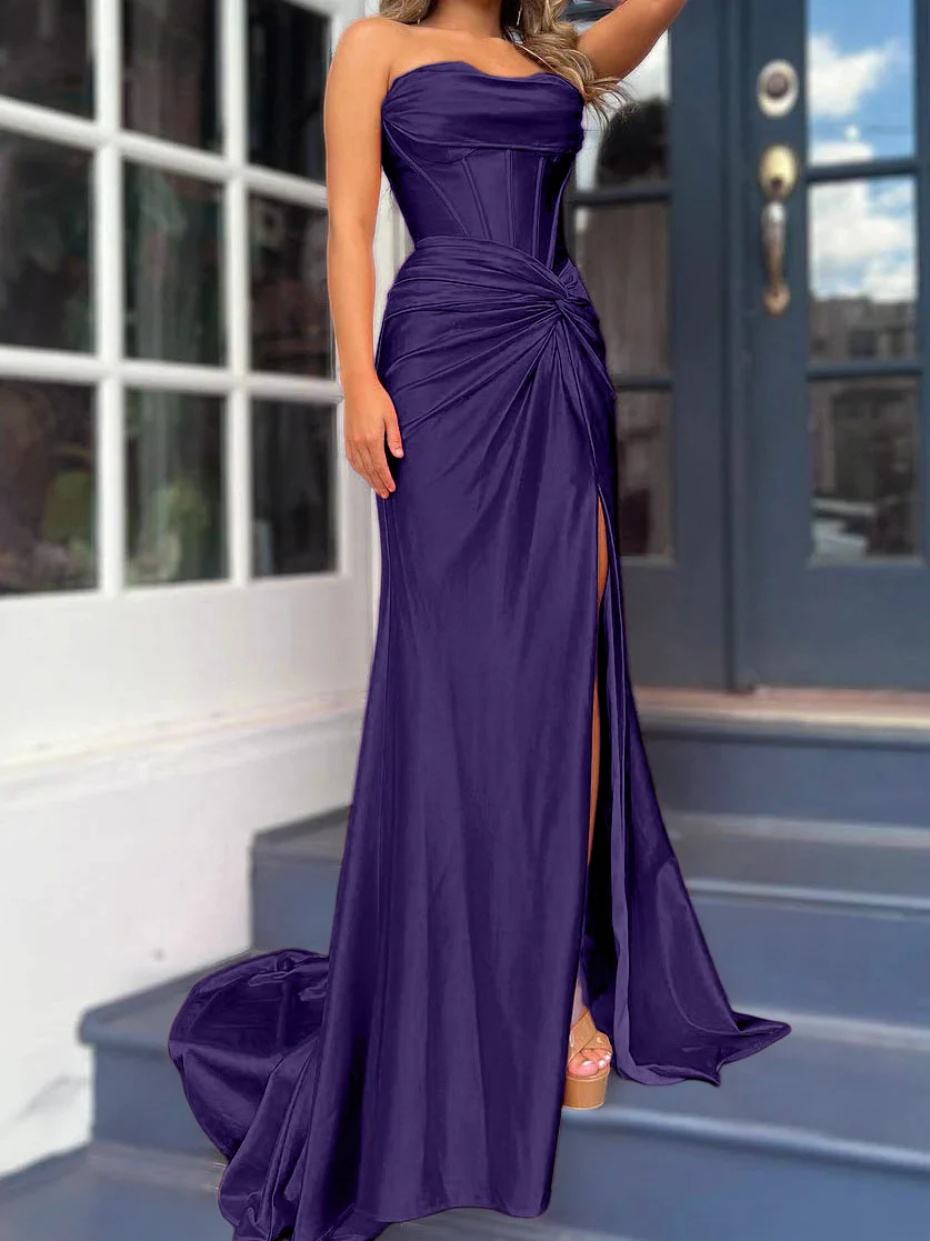 Sheath/Column Strapless Evening Dresses Sleeveless Floor-length With Split Side - Image 32