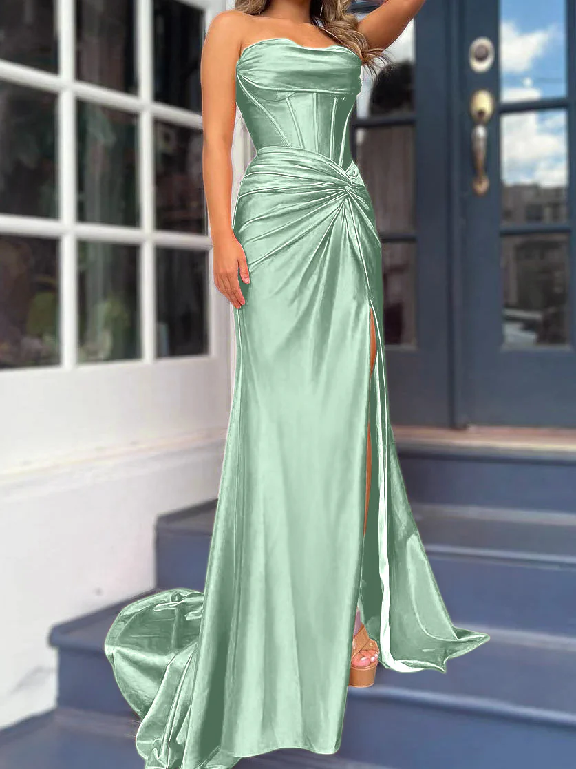 Sheath/Column Strapless Evening Dresses Sleeveless Floor-length With Split Side - Image 40