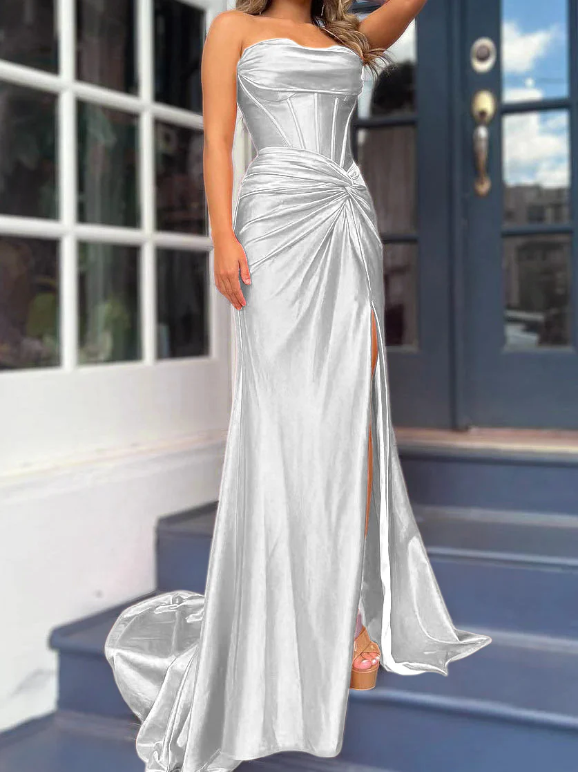 Sheath/Column Strapless Evening Dresses Sleeveless Floor-length With Split Side - Image 41