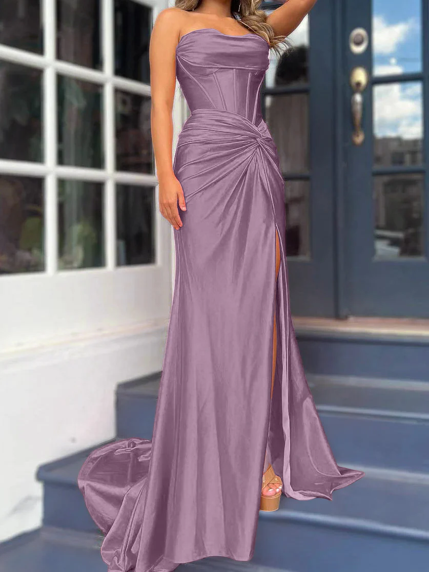 Sheath/Column Strapless Evening Dresses Sleeveless Floor-length With Split Side - Image 42