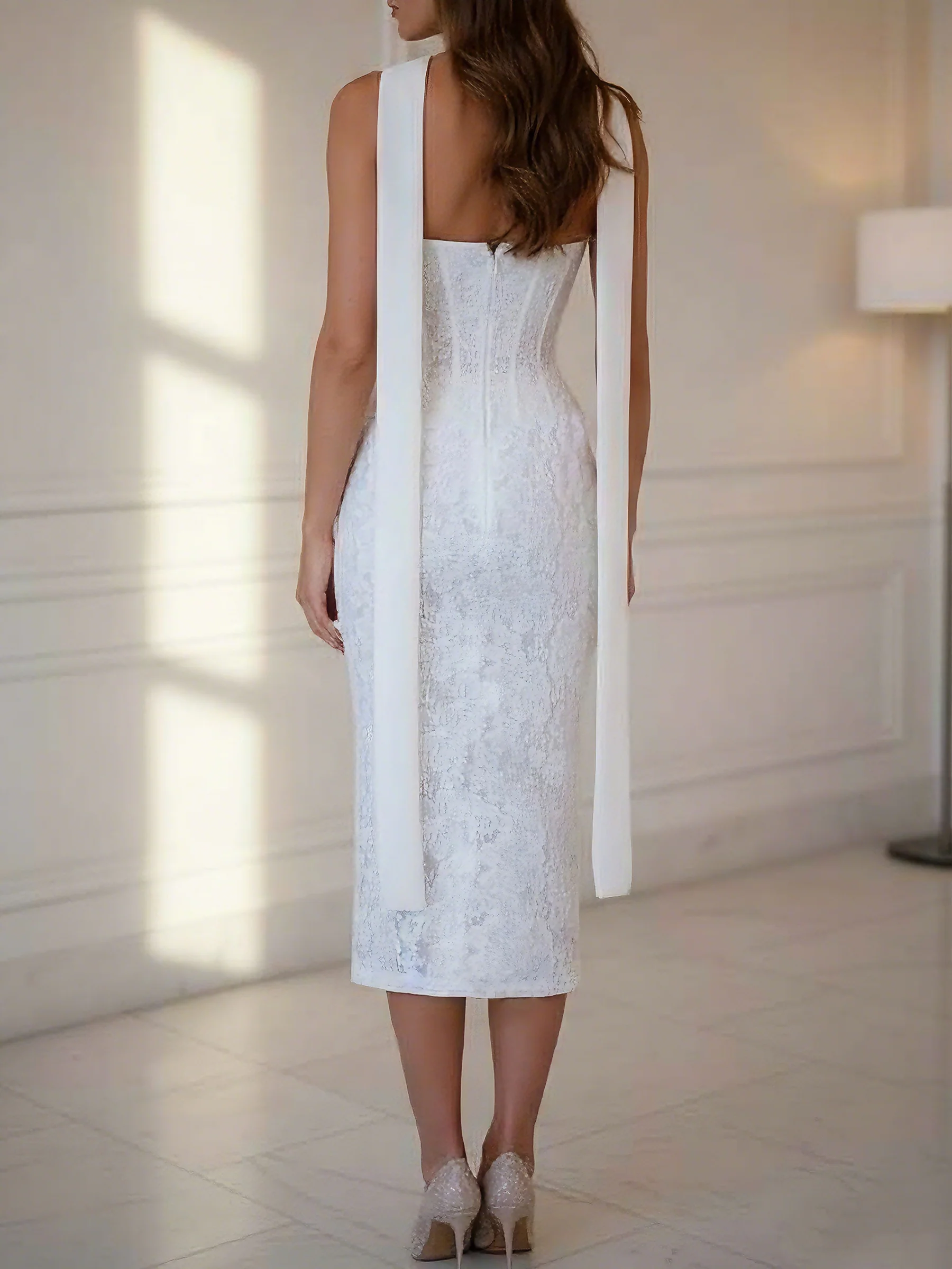 Sheath/Column Strapless Lace Cocktail Dresses with Neck Scarf Sleeveless Tea-Length Formal Dresses - Image 2