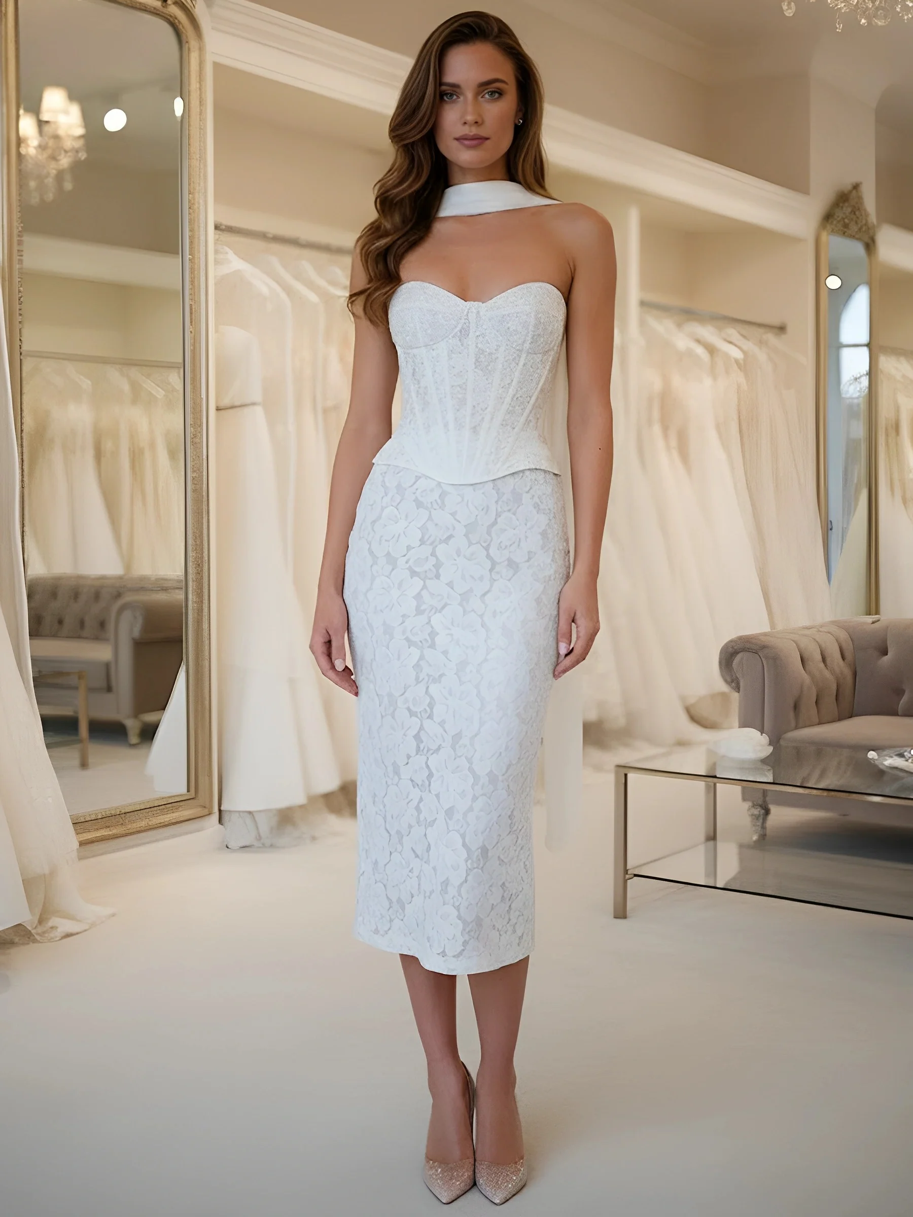 Sheath/Column Strapless Lace Cocktail Dresses with Neck Scarf Sleeveless Tea-Length Formal Dresses - Image 3