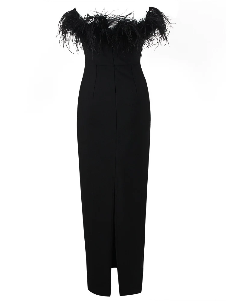Sheath/Column Strapless Sleeveless Ankle-Length Evening Dresses with Slit & Feathers - Image 3