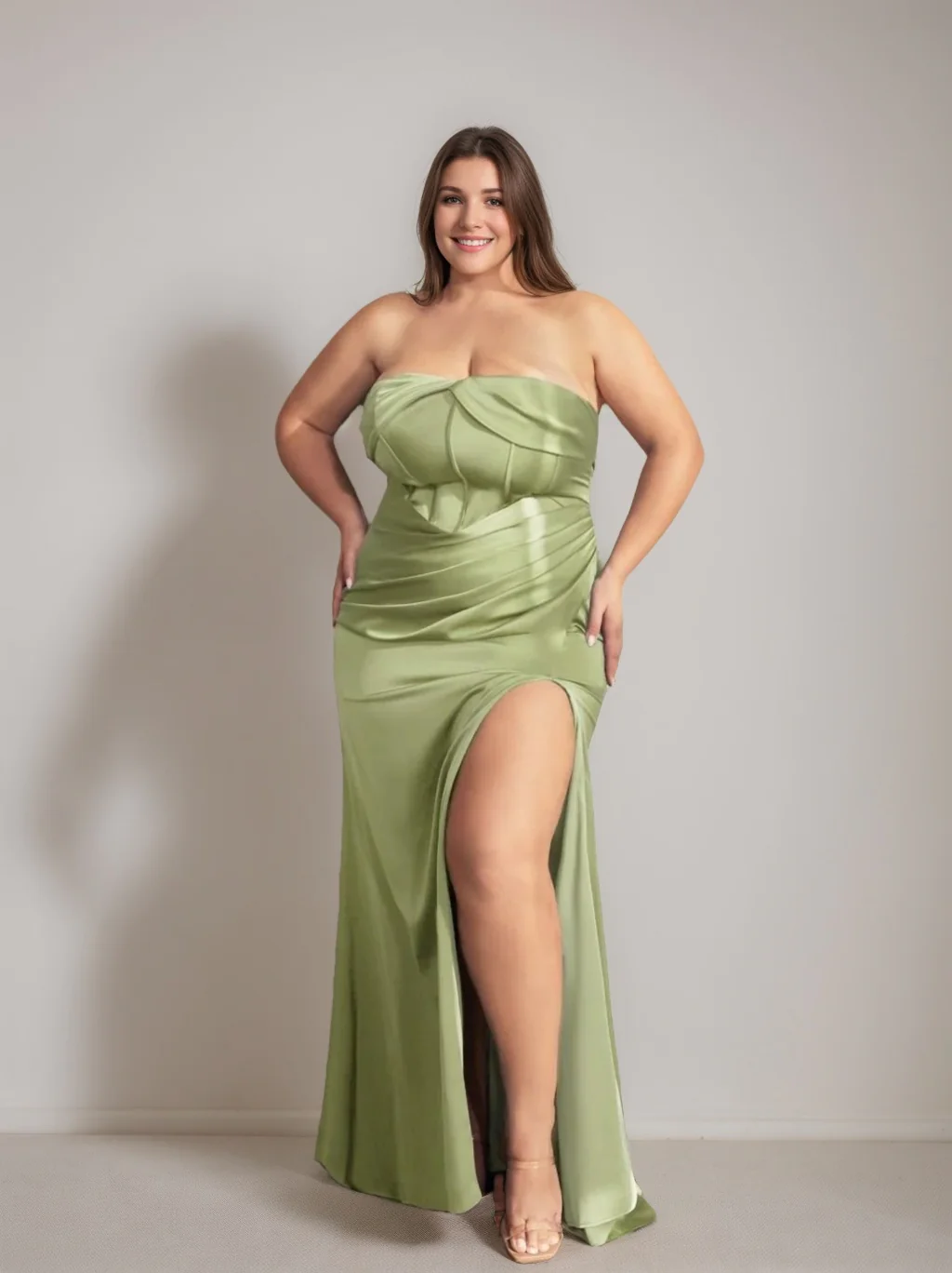 Sheath/Column Strapless Sleeveless Floor-Length Plus Size Prom Dresses With Split Side & Ruffles