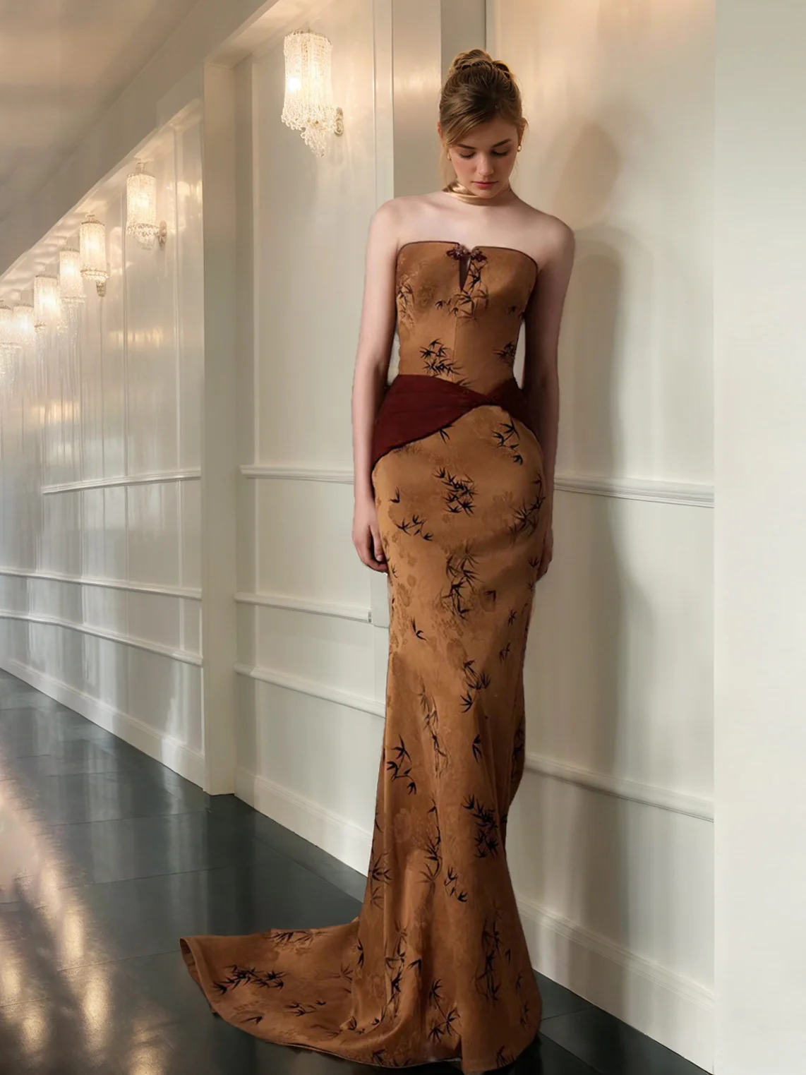 Sheath/Column Strapless Sleeveless Ruched Sweep Train Evening Dresses with Draped scarf - Image 3