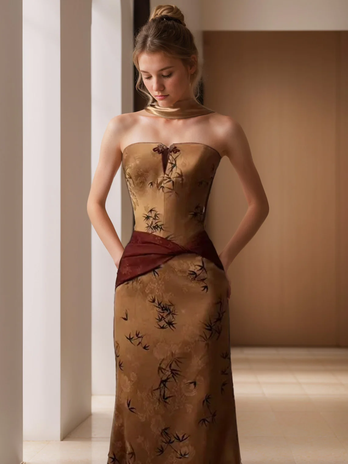 Sheath/Column Strapless Sleeveless Ruched Sweep Train Evening Dresses with Draped scarf - Image 4
