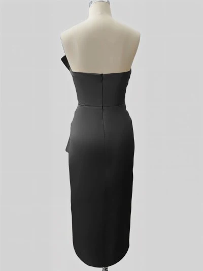 Sheath/Column Strapless Sleeveless Tea-Length Ruched Bridesmaid Dresses with Slit - Image 2