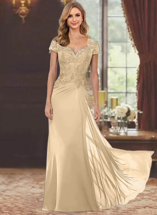 Sheath/Column Sweetheart Short Sleeves Floor-Length Mother of the Bride Dresses with Appliques Lace & Sequins - Image 17
