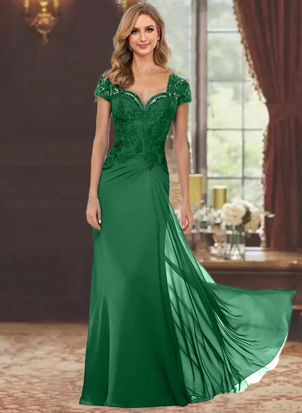 Sheath/Column Sweetheart Short Sleeves Floor-Length Mother of the Bride Dresses with Appliques Lace & Sequins - Image 24