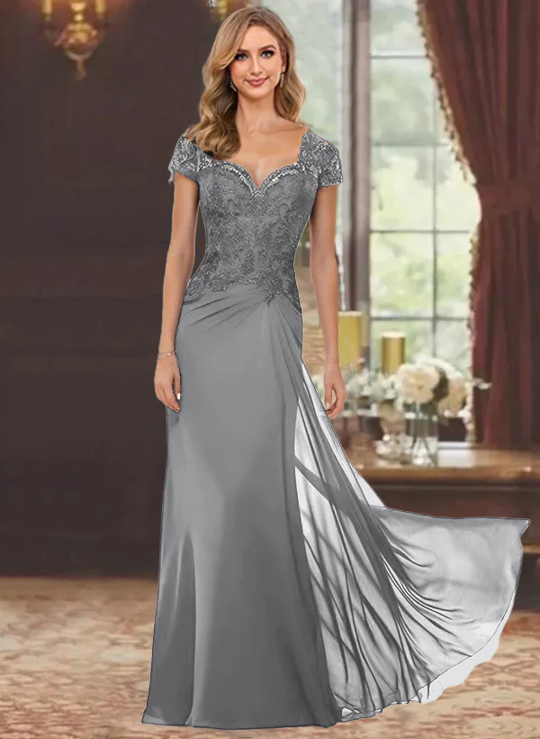 Sheath/Column Sweetheart Short Sleeves Floor-Length Mother of the Bride Dresses with Appliques Lace & Sequins - Image 30