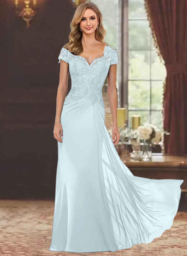 Sheath/Column Sweetheart Short Sleeves Floor-Length Mother of the Bride Dresses with Appliques Lace & Sequins - Image 35