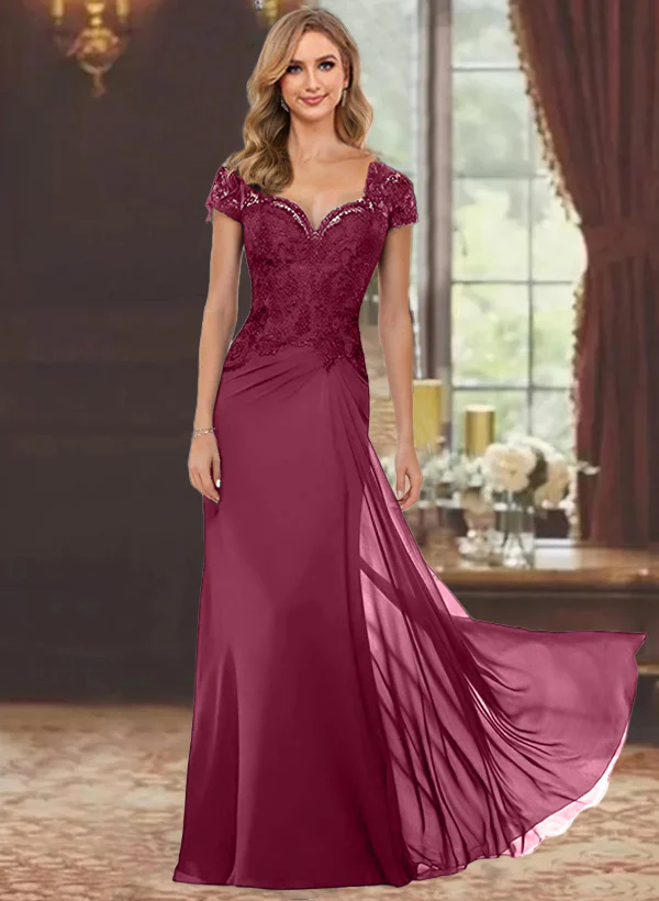 Sheath/Column Sweetheart Short Sleeves Floor-Length Mother of the Bride Dresses with Appliques Lace & Sequins - Image 36