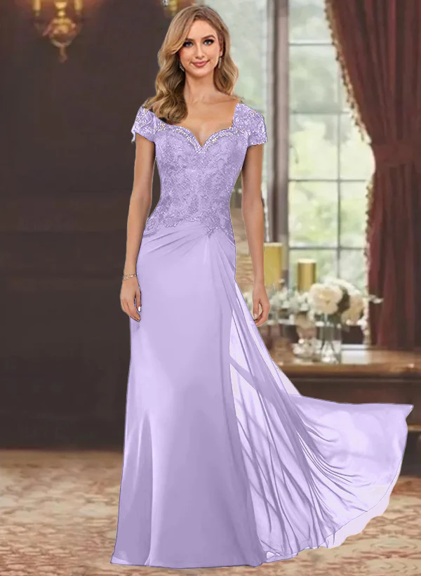 Sheath/Column Sweetheart Short Sleeves Floor-Length Mother of the Bride Dresses with Appliques Lace & Sequins - Image 42