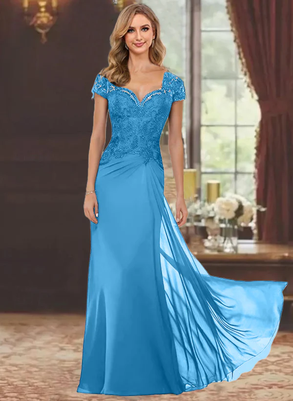 Sheath/Column Sweetheart Short Sleeves Floor-Length Mother of the Bride Dresses with Appliques Lace & Sequins - Image 48