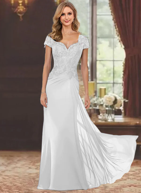 Sheath/Column Sweetheart Short Sleeves Floor-Length Mother of the Bride Dresses with Appliques Lace & Sequins - Image 49