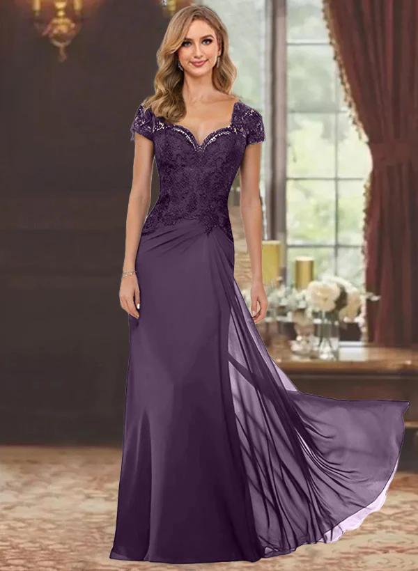 Sheath/Column Sweetheart Short Sleeves Floor-Length Mother of the Bride Dresses with Appliques Lace & Sequins - Image 6
