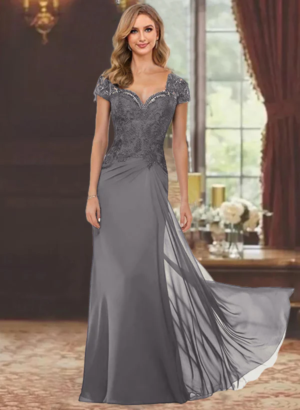 Sheath/Column Sweetheart Short Sleeves Floor-Length Mother of the Bride Dresses with Appliques Lace & Sequins - Image 64