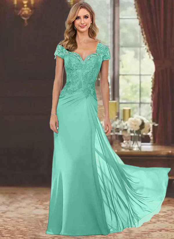 Sheath/Column Sweetheart Short Sleeves Floor-Length Mother of the Bride Dresses with Appliques Lace & Sequins - Image 66