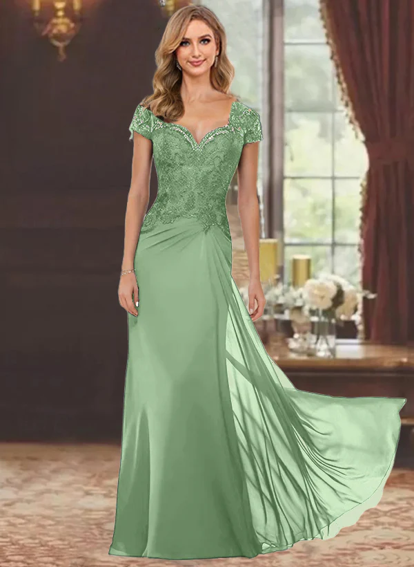Sheath/Column Sweetheart Short Sleeves Floor-Length Mother of the Bride Dresses with Appliques Lace & Sequins - Image 7