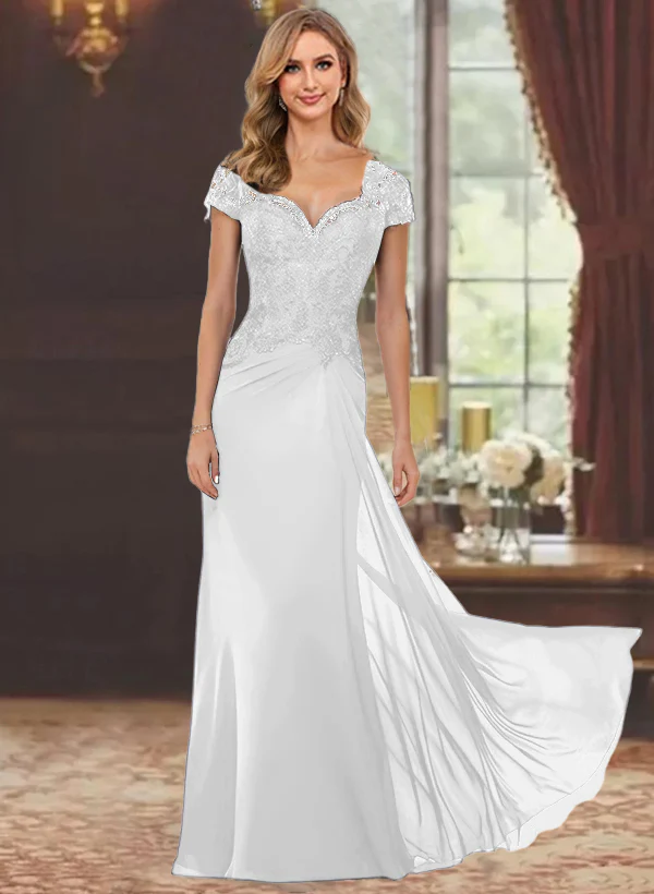Sheath/Column Sweetheart Short Sleeves Floor-Length Mother of the Bride Dresses with Appliques Lace & Sequins - Image 70