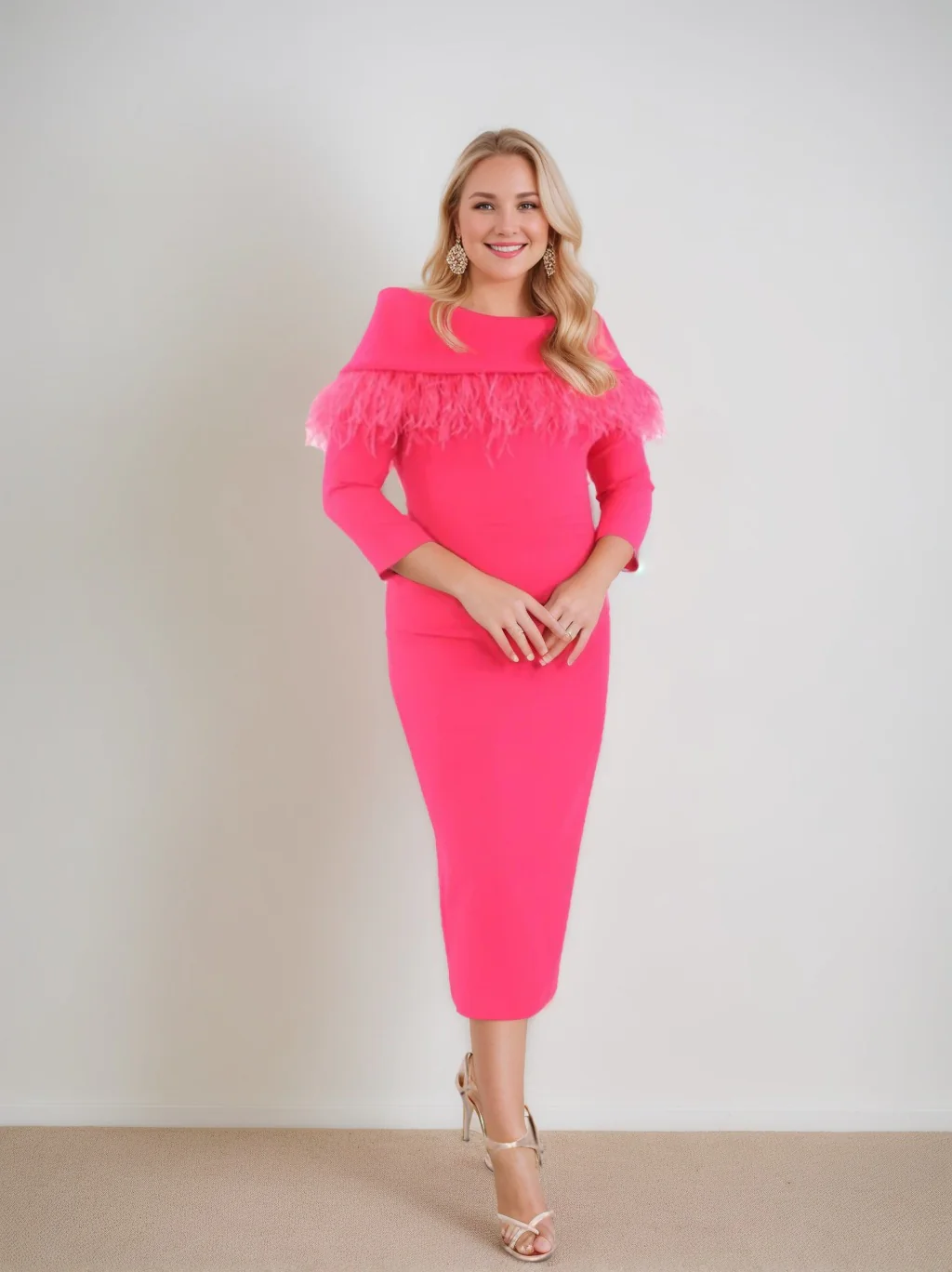 Sheath/Column Tea-Length 3/4 Length Sleeves Mother of the Bride Dresses with Feather - Image 3