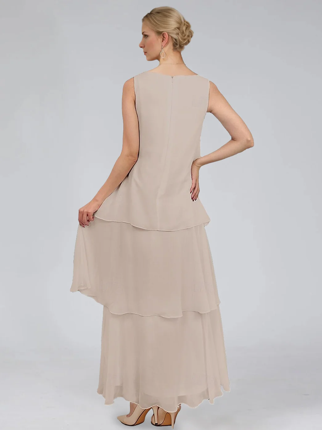 Sheath/Column Tiered Scoop Sleeveless Ankle-Length Mother of the Bride Dresses with Jacket & Ruffles - Image 4