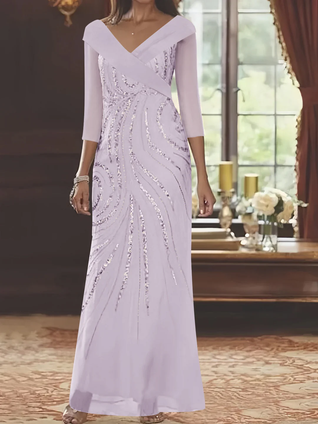 Sheath/Column V-Neck 3/4 Length Sleeve Floor-Length Mother of the Bride Dresses with Sequins Beading - Image 29