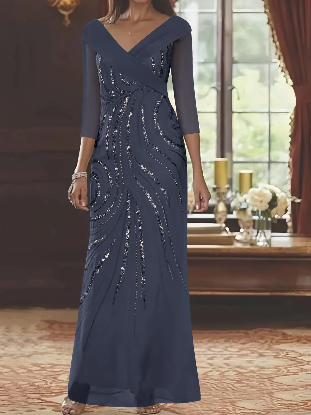 Sheath/Column V-Neck 3/4 Length Sleeve Floor-Length Mother of the Bride Dresses with Sequins Beading - Image 49