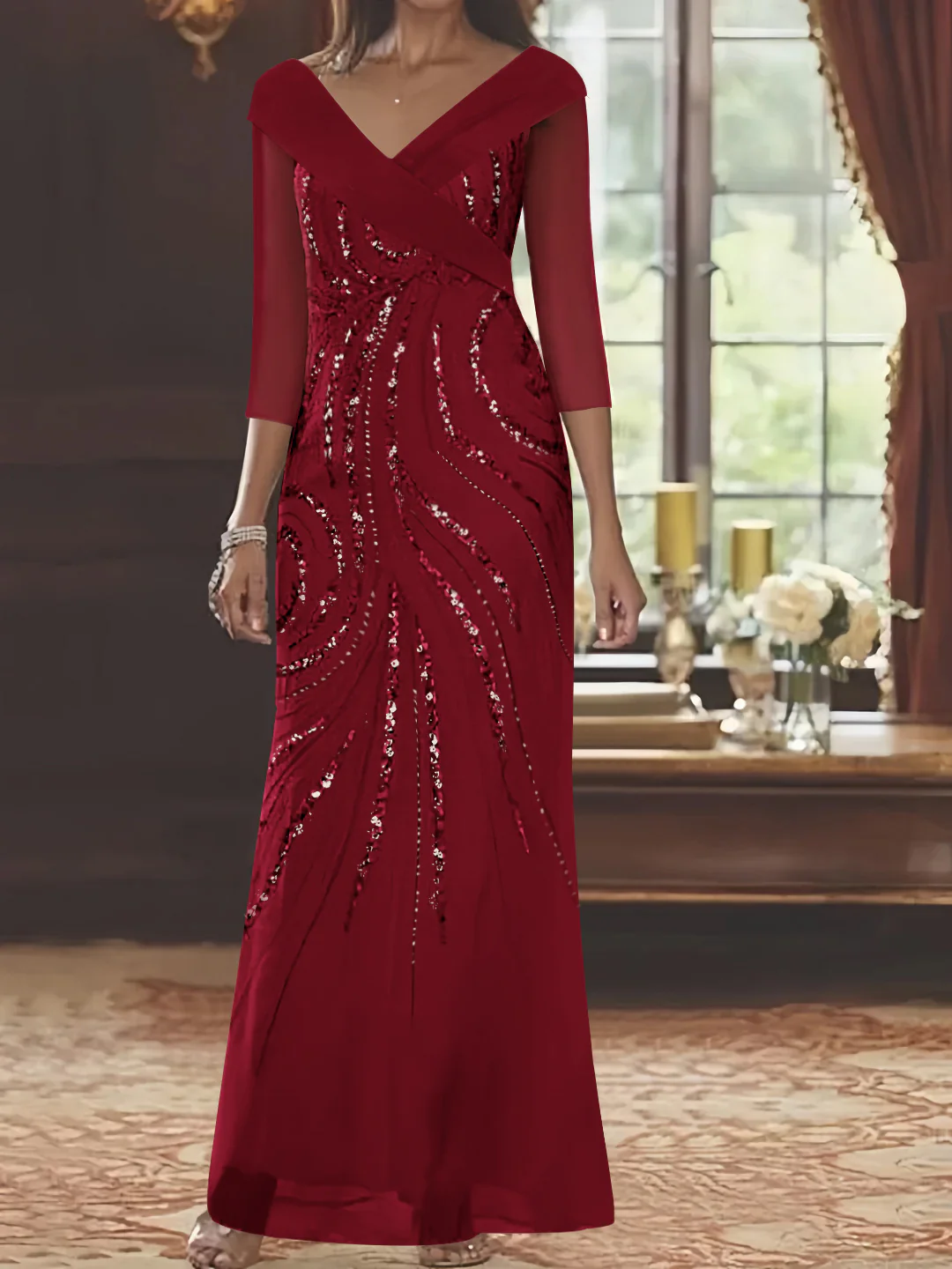 Sheath/Column V-Neck 3/4 Length Sleeve Floor-Length Mother of the Bride Dresses with Sequins Beading - Image 9