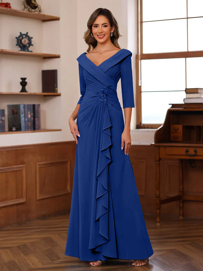 Sheath/Column V-Neck 3/4 Length Sleeves Floor-Length Unique Mother of the Bride Dresses with Ruffles & Appliques - Image 27
